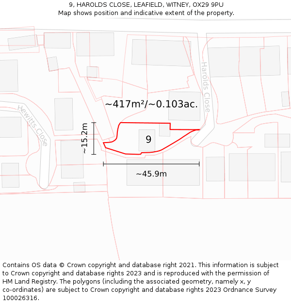 9, HAROLDS CLOSE, LEAFIELD, WITNEY, OX29 9PU: Plot and title map