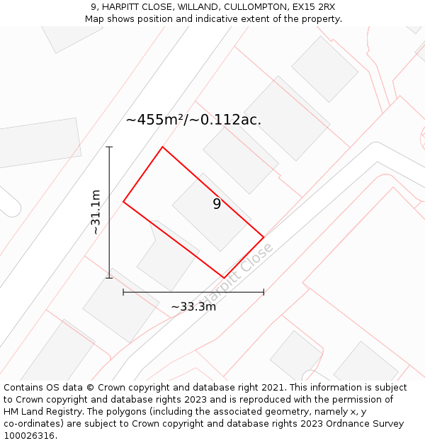 9, HARPITT CLOSE, WILLAND, CULLOMPTON, EX15 2RX: Plot and title map