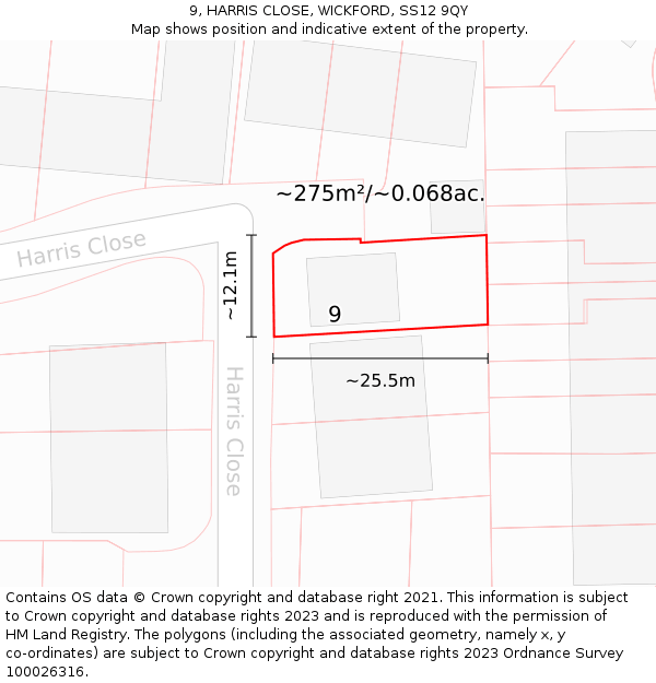 9, HARRIS CLOSE, WICKFORD, SS12 9QY: Plot and title map