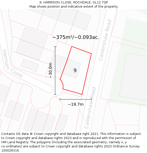 9, HARRISON CLOSE, ROCHDALE, OL12 7QP: Plot and title map