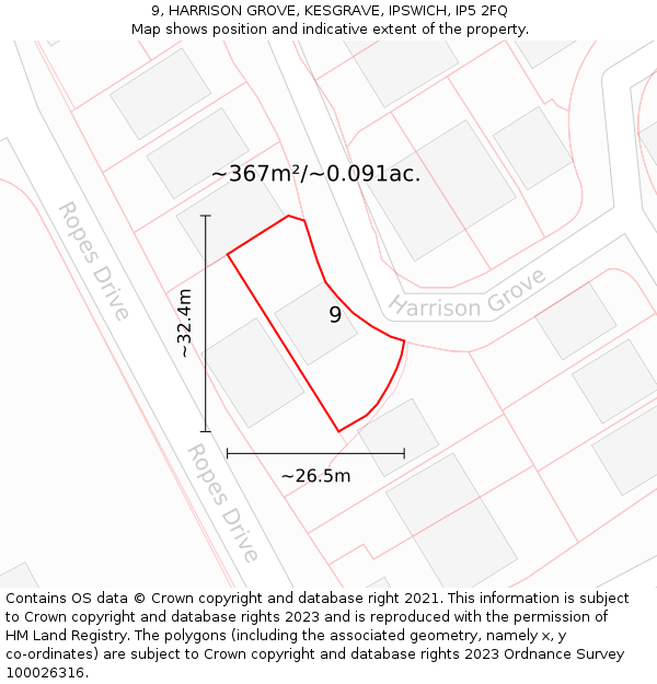 9, HARRISON GROVE, KESGRAVE, IPSWICH, IP5 2FQ: Plot and title map