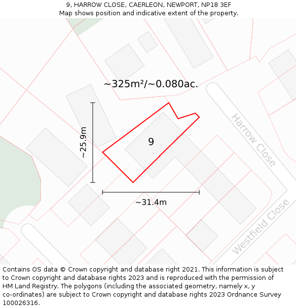 9, HARROW CLOSE, CAERLEON, NEWPORT, NP18 3EF: Plot and title map