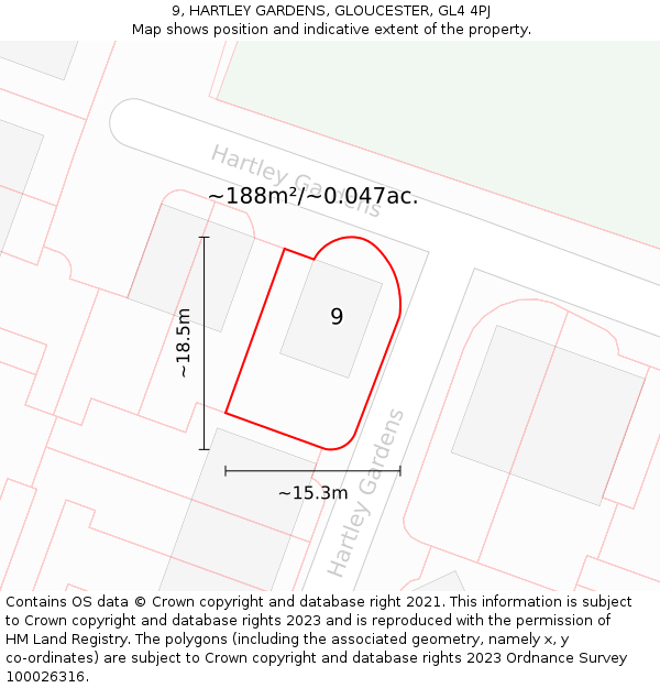 9, HARTLEY GARDENS, GLOUCESTER, GL4 4PJ: Plot and title map