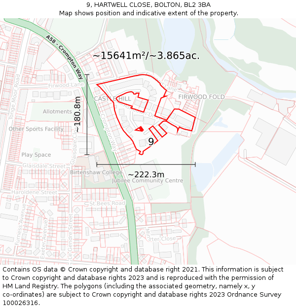 9, HARTWELL CLOSE, BOLTON, BL2 3BA: Plot and title map