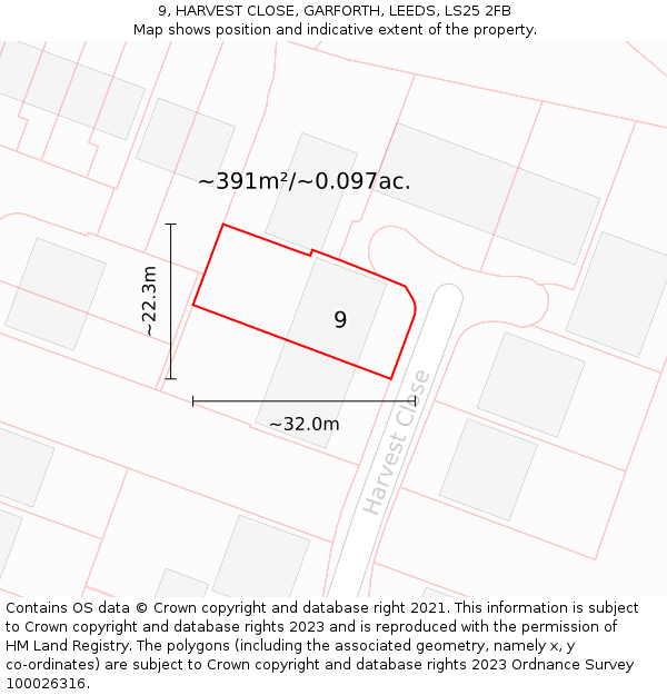 9, HARVEST CLOSE, GARFORTH, LEEDS, LS25 2FB: Plot and title map