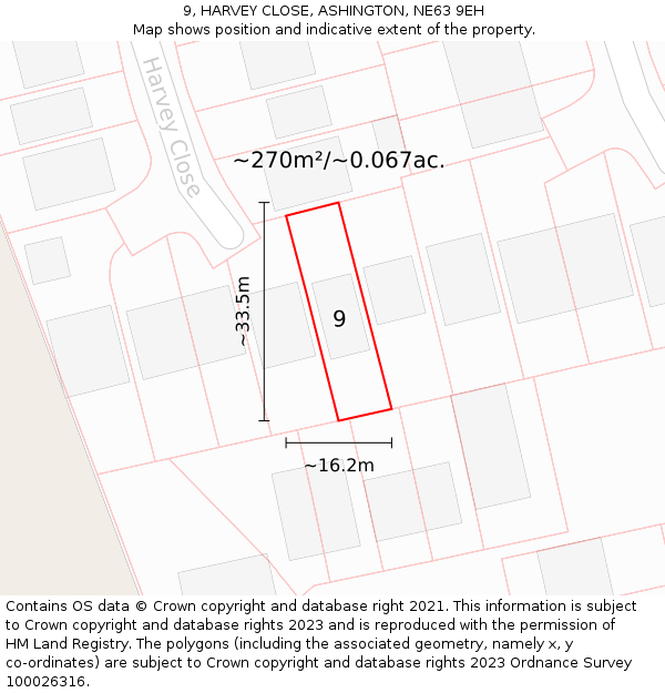 9, HARVEY CLOSE, ASHINGTON, NE63 9EH: Plot and title map