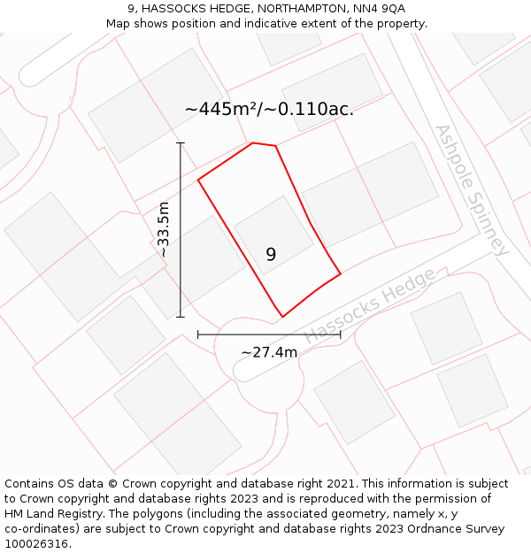 9, HASSOCKS HEDGE, NORTHAMPTON, NN4 9QA: Plot and title map