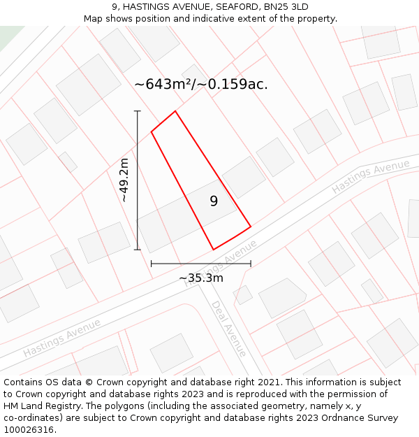 9, HASTINGS AVENUE, SEAFORD, BN25 3LD: Plot and title map