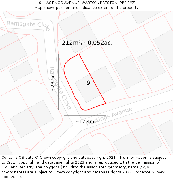 9, HASTINGS AVENUE, WARTON, PRESTON, PR4 1YZ: Plot and title map