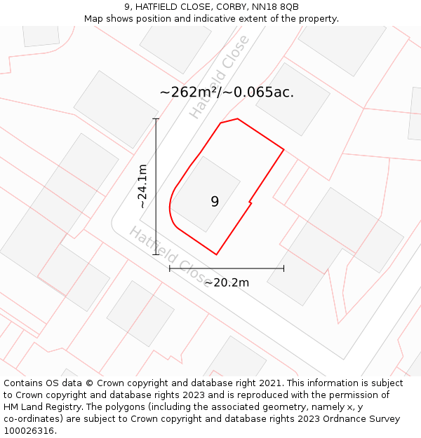 9, HATFIELD CLOSE, CORBY, NN18 8QB: Plot and title map