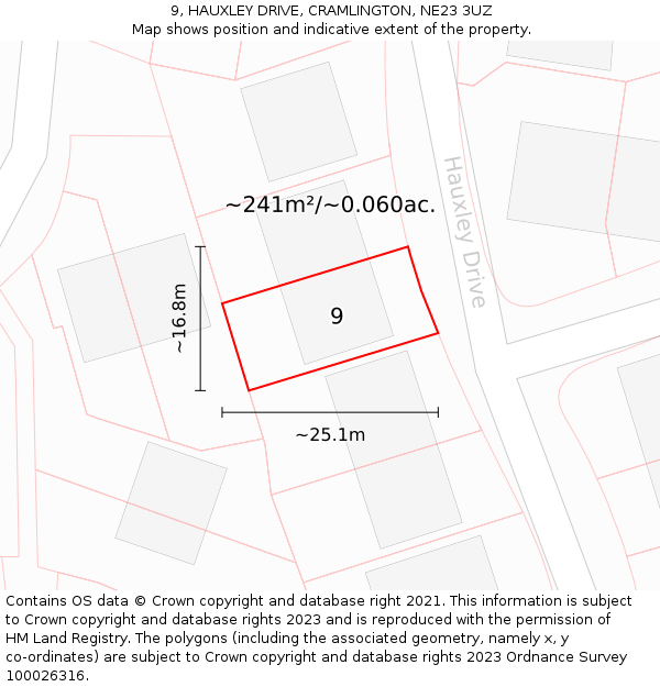 9, HAUXLEY DRIVE, CRAMLINGTON, NE23 3UZ: Plot and title map