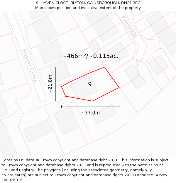 9, HAVEN CLOSE, BLYTON, GAINSBOROUGH, DN21 3PG: Plot and title map