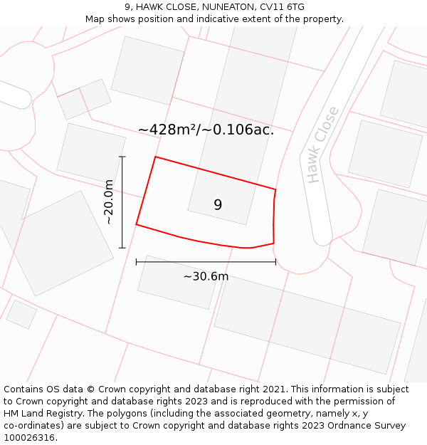 9, HAWK CLOSE, NUNEATON, CV11 6TG: Plot and title map