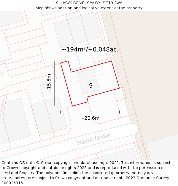 9, HAWK DRIVE, SANDY, SG19 2WA: Plot and title map