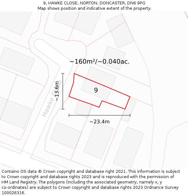 9, HAWKE CLOSE, NORTON, DONCASTER, DN6 9PG: Plot and title map