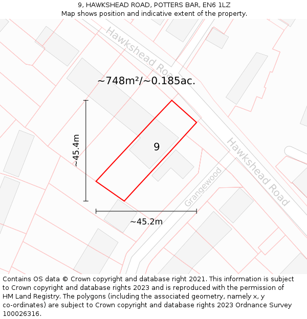 9, HAWKSHEAD ROAD, POTTERS BAR, EN6 1LZ: Plot and title map