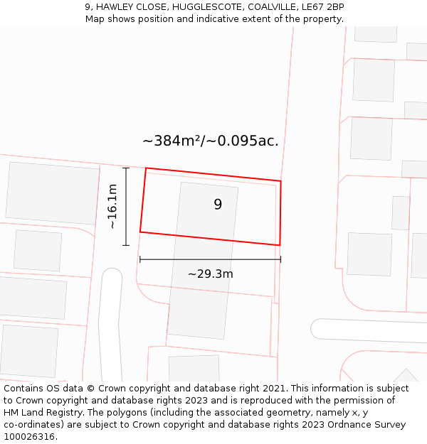 9, HAWLEY CLOSE, HUGGLESCOTE, COALVILLE, LE67 2BP: Plot and title map
