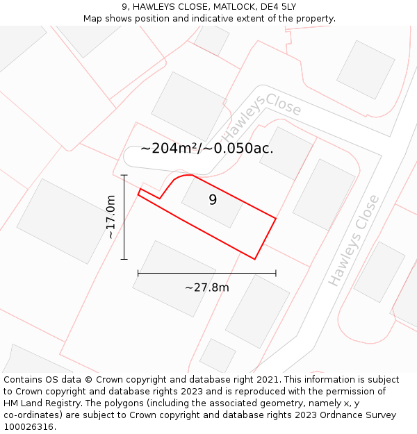 9, HAWLEYS CLOSE, MATLOCK, DE4 5LY: Plot and title map
