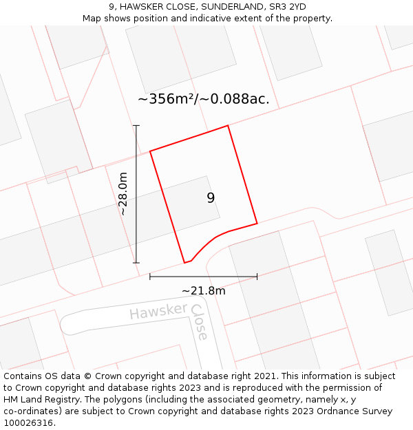 9, HAWSKER CLOSE, SUNDERLAND, SR3 2YD: Plot and title map