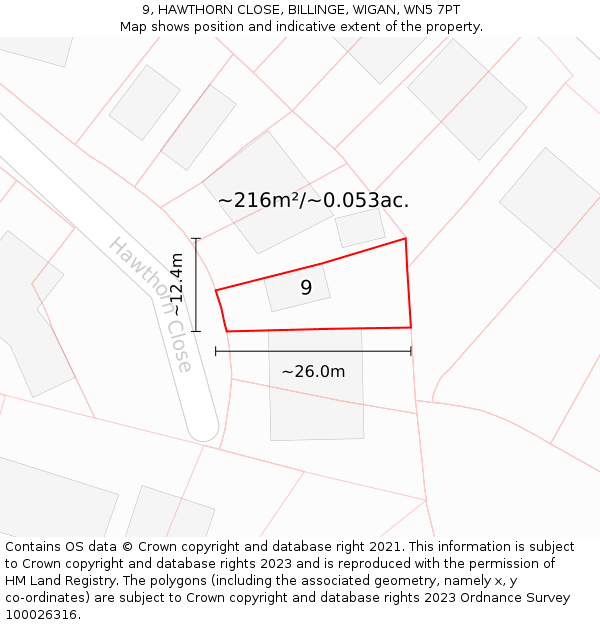 9, HAWTHORN CLOSE, BILLINGE, WIGAN, WN5 7PT: Plot and title map