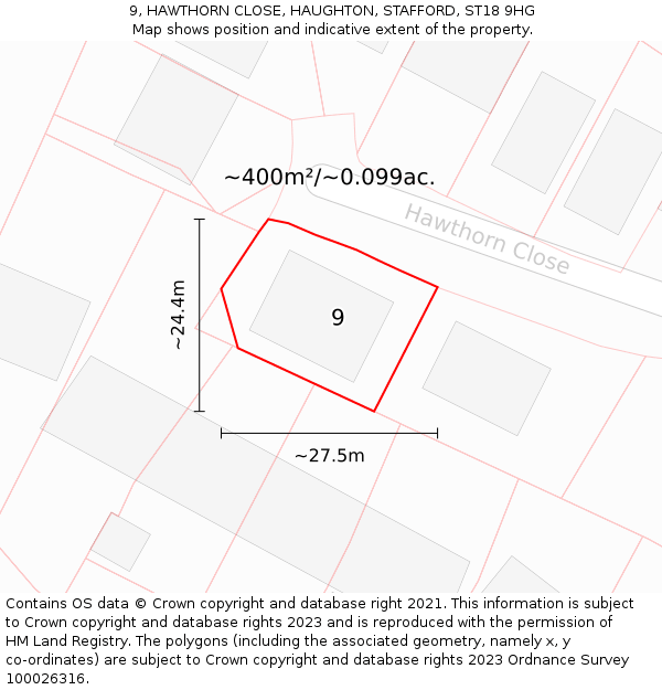9, HAWTHORN CLOSE, HAUGHTON, STAFFORD, ST18 9HG: Plot and title map