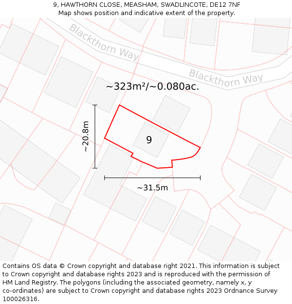 9, HAWTHORN CLOSE, MEASHAM, SWADLINCOTE, DE12 7NF: Plot and title map