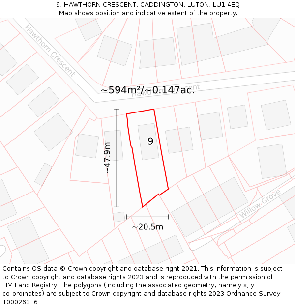 9, HAWTHORN CRESCENT, CADDINGTON, LUTON, LU1 4EQ: Plot and title map