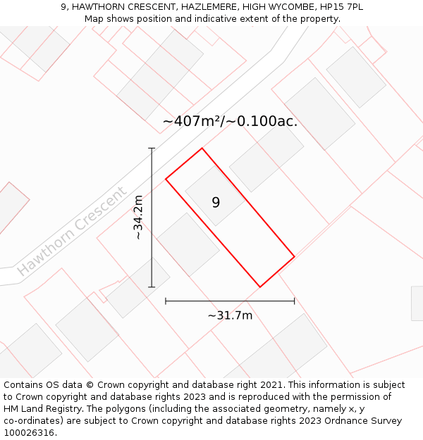 9, HAWTHORN CRESCENT, HAZLEMERE, HIGH WYCOMBE, HP15 7PL: Plot and title map