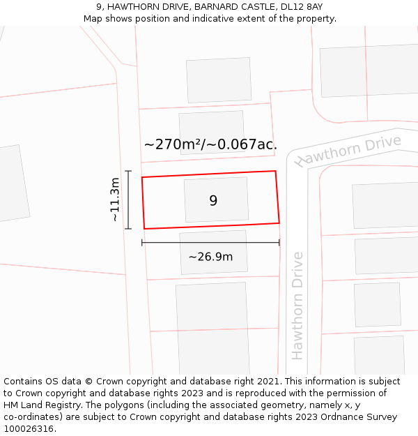 9, HAWTHORN DRIVE, BARNARD CASTLE, DL12 8AY: Plot and title map