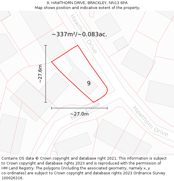 9, HAWTHORN DRIVE, BRACKLEY, NN13 6PA: Plot and title map