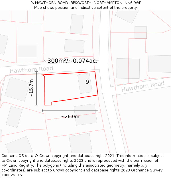 9, HAWTHORN ROAD, BRIXWORTH, NORTHAMPTON, NN6 9WP: Plot and title map