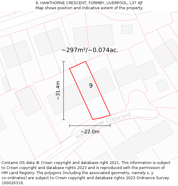 9, HAWTHORNE CRESCENT, FORMBY, LIVERPOOL, L37 4JF: Plot and title map