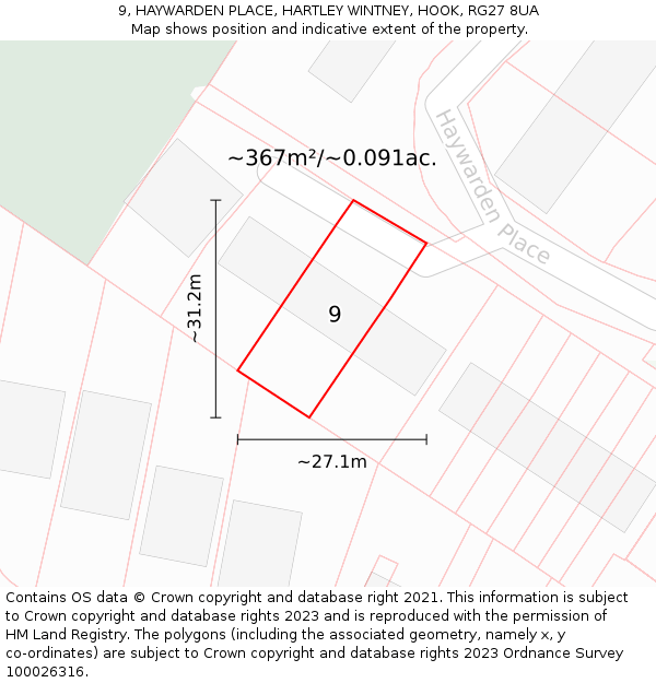 9, HAYWARDEN PLACE, HARTLEY WINTNEY, HOOK, RG27 8UA: Plot and title map