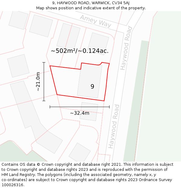 9, HAYWOOD ROAD, WARWICK, CV34 5AJ: Plot and title map