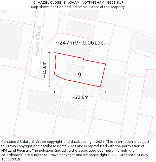 9, HAZEL CLOSE, BINGHAM, NOTTINGHAM, NG13 8UF: Plot and title map