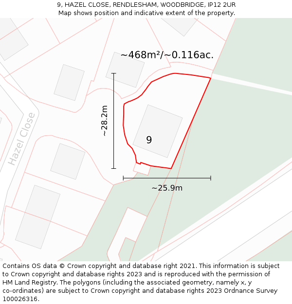 9, HAZEL CLOSE, RENDLESHAM, WOODBRIDGE, IP12 2UR: Plot and title map