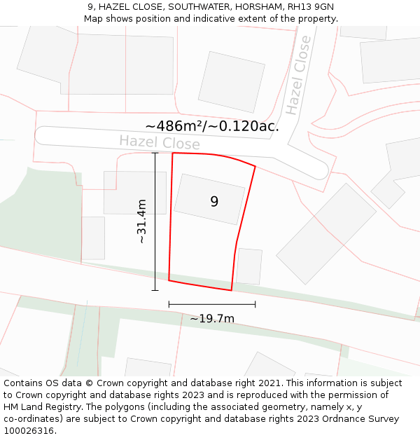 9, HAZEL CLOSE, SOUTHWATER, HORSHAM, RH13 9GN: Plot and title map