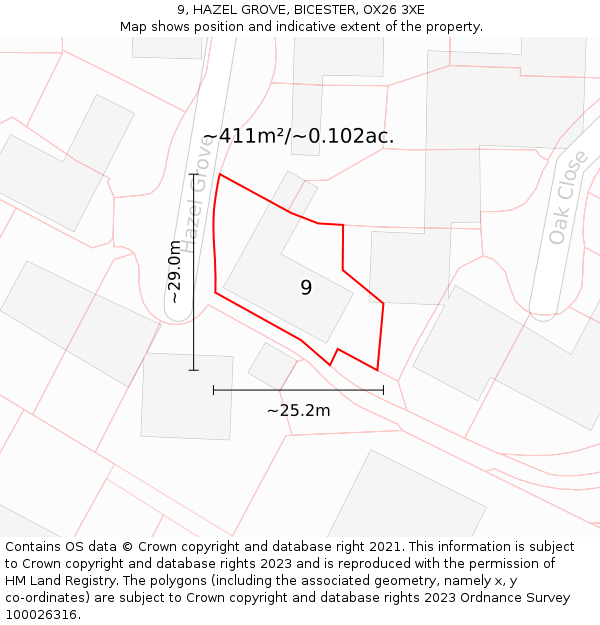 9, HAZEL GROVE, BICESTER, OX26 3XE: Plot and title map