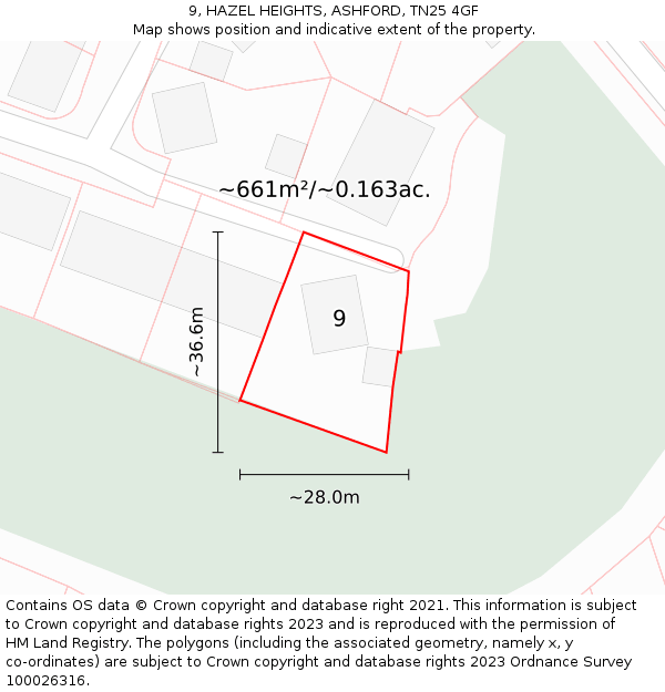 9, HAZEL HEIGHTS, ASHFORD, TN25 4GF: Plot and title map