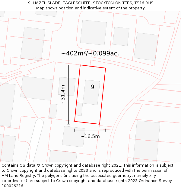 9, HAZEL SLADE, EAGLESCLIFFE, STOCKTON-ON-TEES, TS16 9HS: Plot and title map