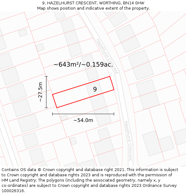 9, HAZELHURST CRESCENT, WORTHING, BN14 0HW: Plot and title map