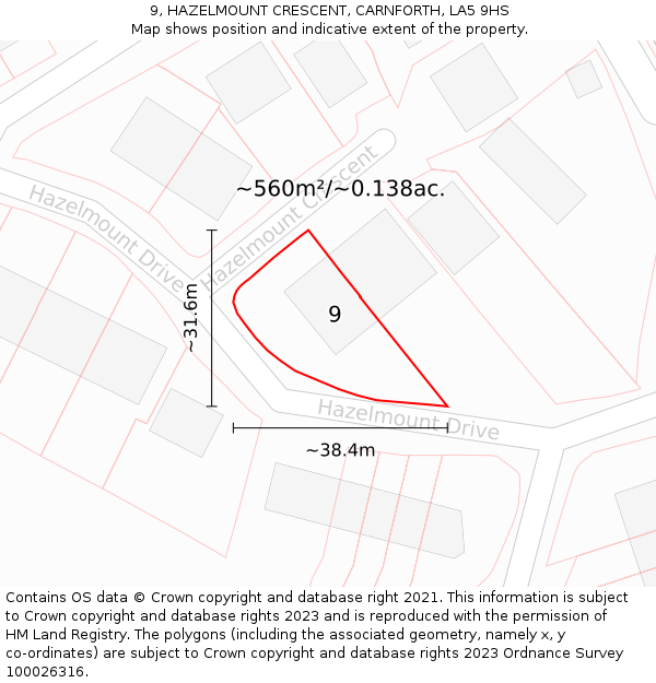 9, HAZELMOUNT CRESCENT, CARNFORTH, LA5 9HS: Plot and title map