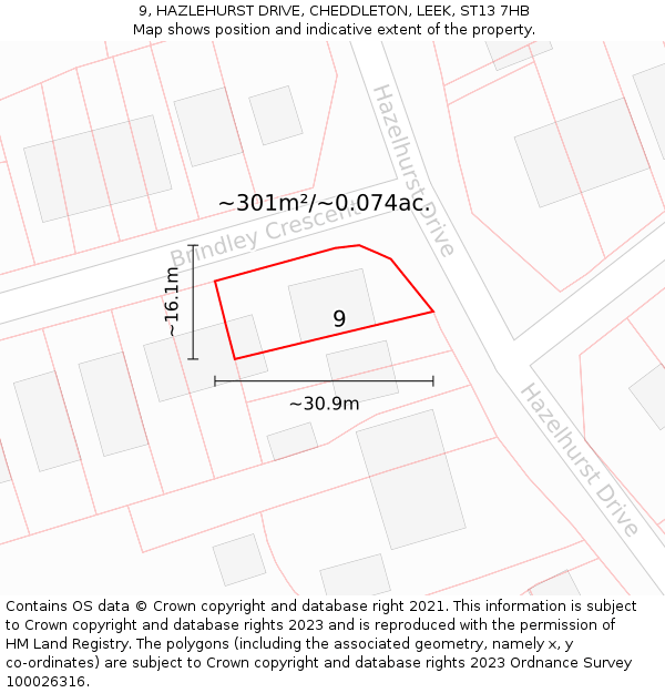 9, HAZLEHURST DRIVE, CHEDDLETON, LEEK, ST13 7HB: Plot and title map