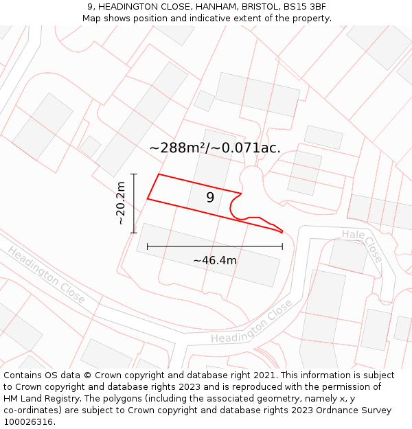 9, HEADINGTON CLOSE, HANHAM, BRISTOL, BS15 3BF: Plot and title map
