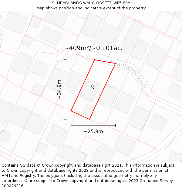 9, HEADLANDS WALK, OSSETT, WF5 8RA: Plot and title map