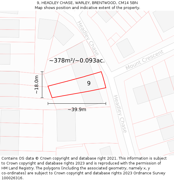 9, HEADLEY CHASE, WARLEY, BRENTWOOD, CM14 5BN: Plot and title map