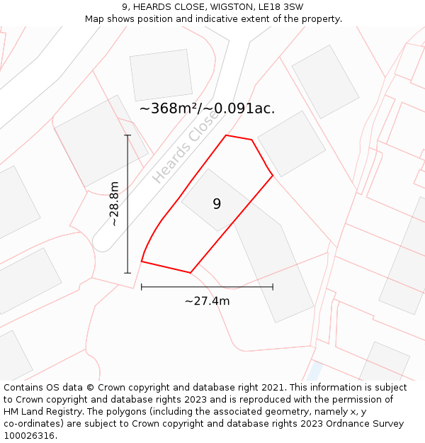 9, HEARDS CLOSE, WIGSTON, LE18 3SW: Plot and title map
