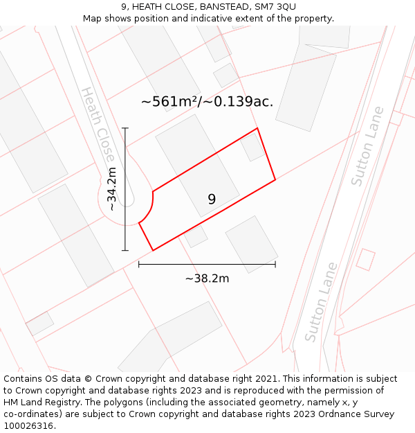 9, HEATH CLOSE, BANSTEAD, SM7 3QU: Plot and title map