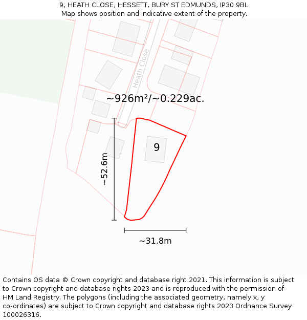 9, HEATH CLOSE, HESSETT, BURY ST EDMUNDS, IP30 9BL: Plot and title map
