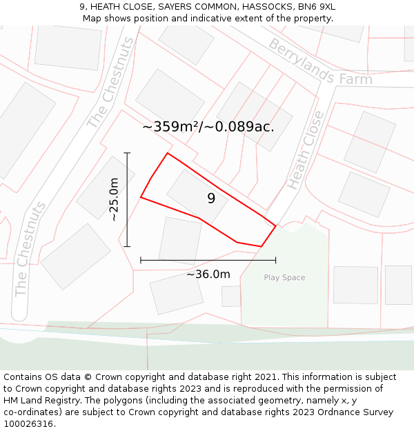 9, HEATH CLOSE, SAYERS COMMON, HASSOCKS, BN6 9XL: Plot and title map